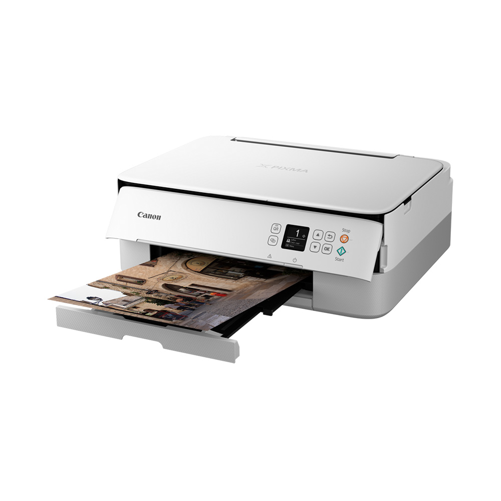 Canon PIXMA TS5351i White Multi-Functional Inkjet Printer - Slant with print