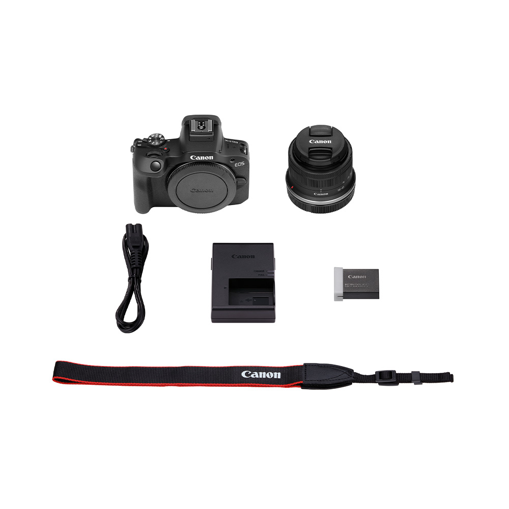 Canon EOS R100 + RF-S 18-45 kit contents