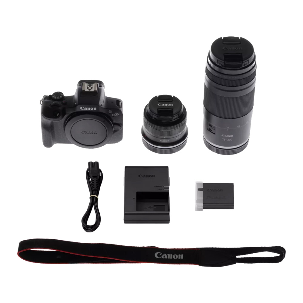 Canon EOS R100 + RF-S 18-45mm + RF 75-300mm telephoto kit - Box contents
