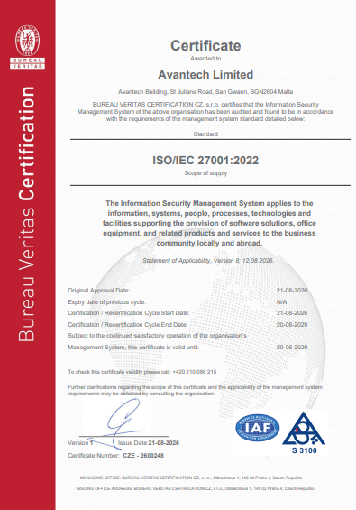 Avantech ISO/IEC 27001:2022 Certificate